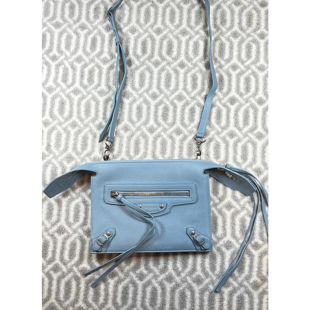 BALENCIAGA Blue Grey Pebbled Leather Neo Classic City Crossbody Clutch Bag - Picture 10 of 13